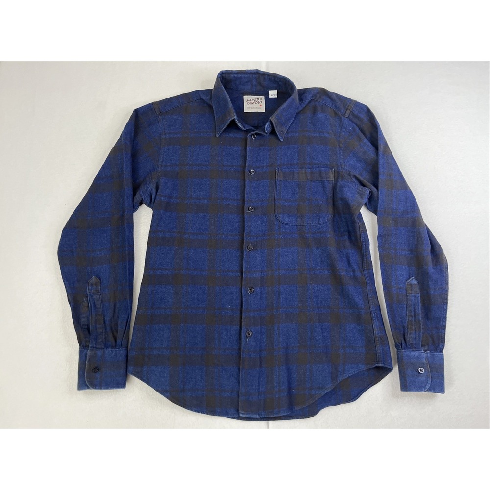Naked Famous Mens Blue Plaid Flannel Button Up Shirt Slim Fit M Canada